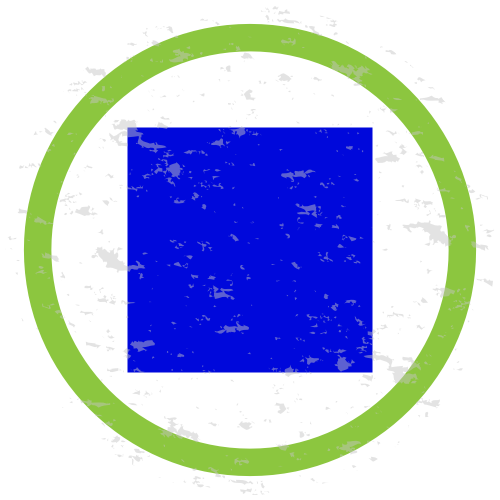 Blue square inside a white circle with black border, surrounded by a green ring.