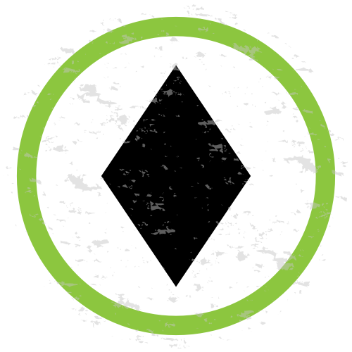 A circular logo with a green border and a black diamond shape in the center.
