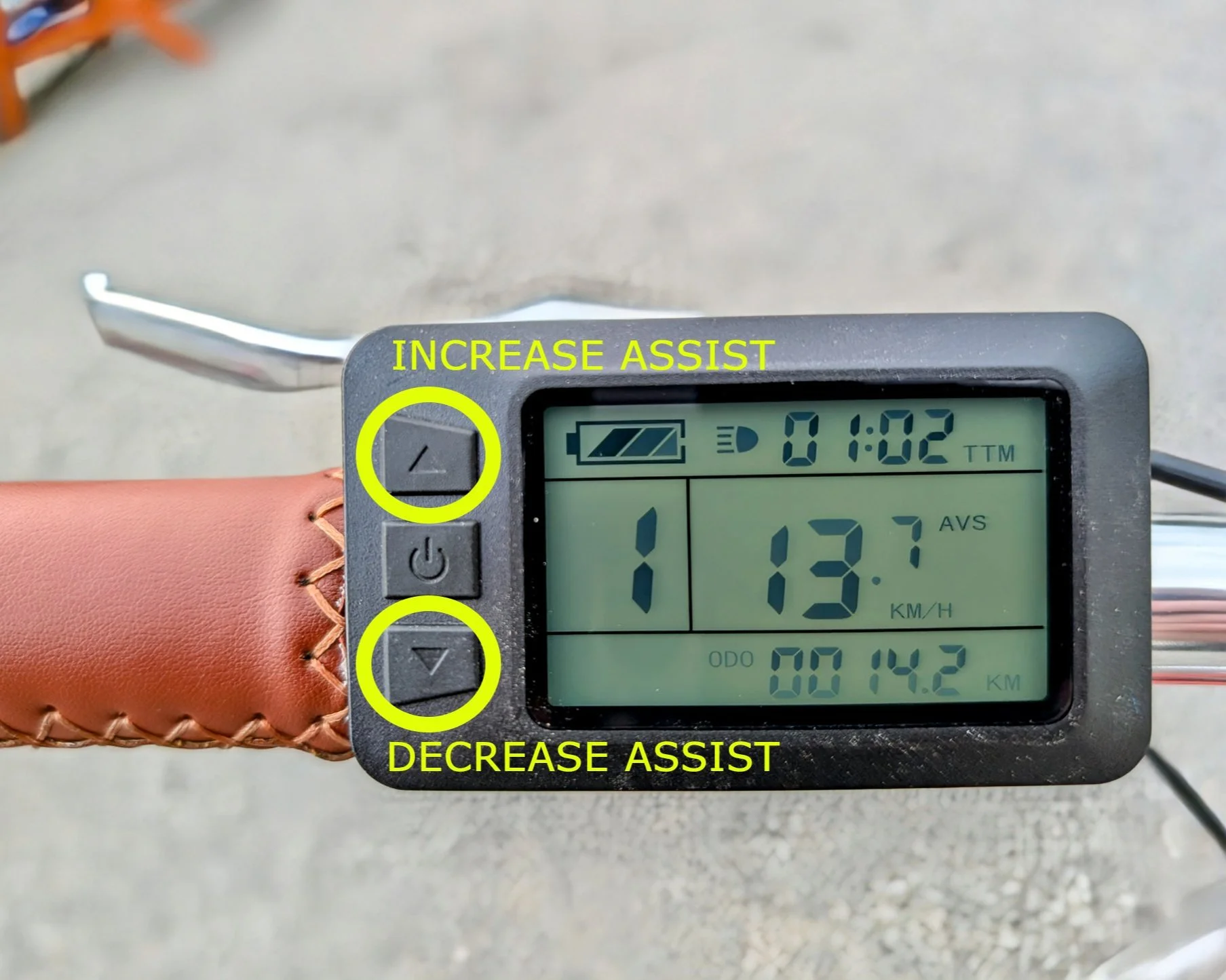 Digital bicycle display showing battery level, time 1:02, speed 13.7 km/h, and total distance 14.2 km, with buttons labeled ''Increase Assist'' and ''Decrease Assist'' highlighted in yellow.