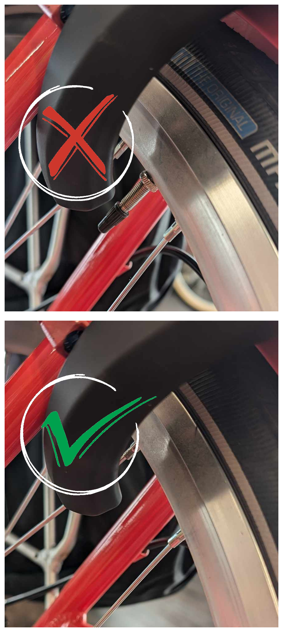Close-up of a bike fork with a black plastic fender. The top image shows the fender with a red 'X' mark, indicating incorrect placement. The bottom image shows the same fender with a green checkmark, indicating proper placement.