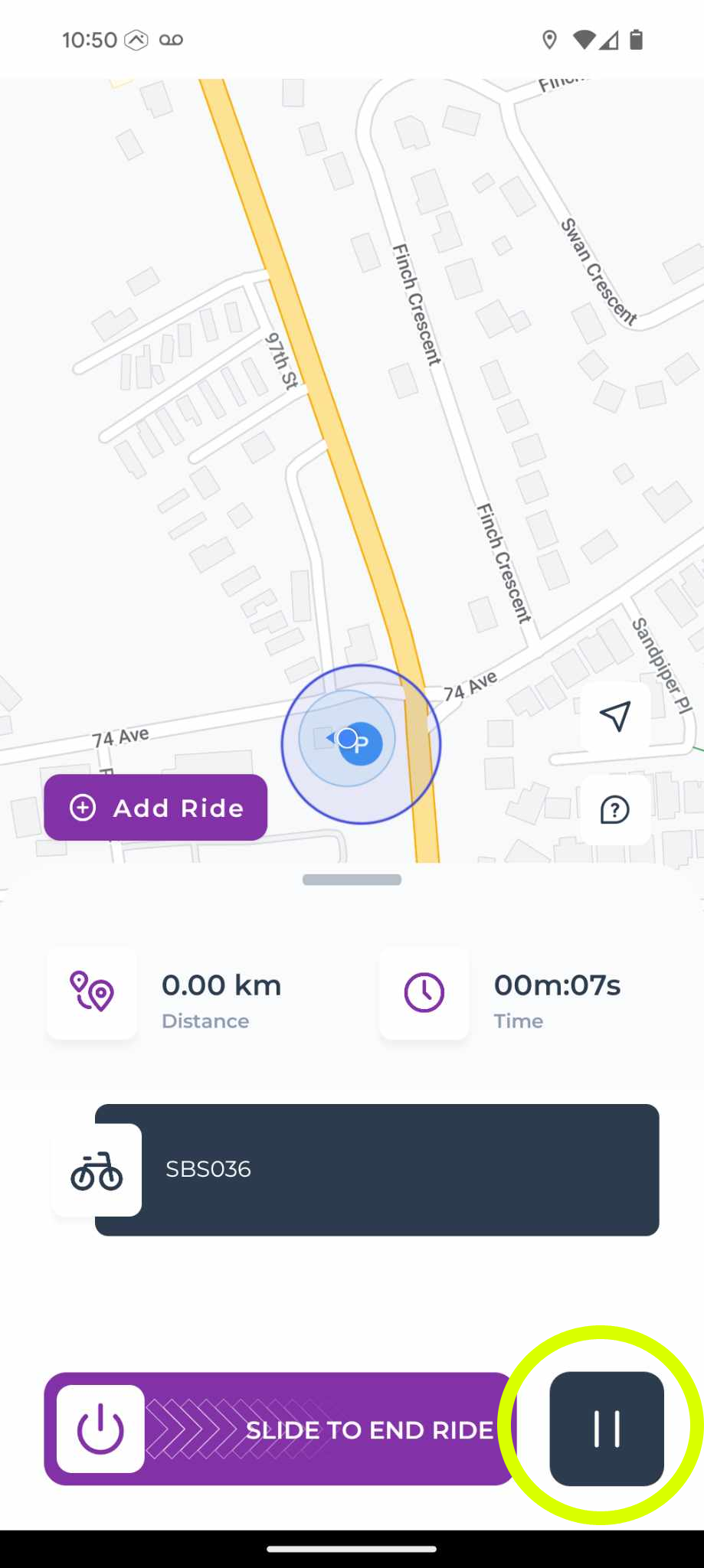 Scooter sharing app screen with map, ride details, and pause button.