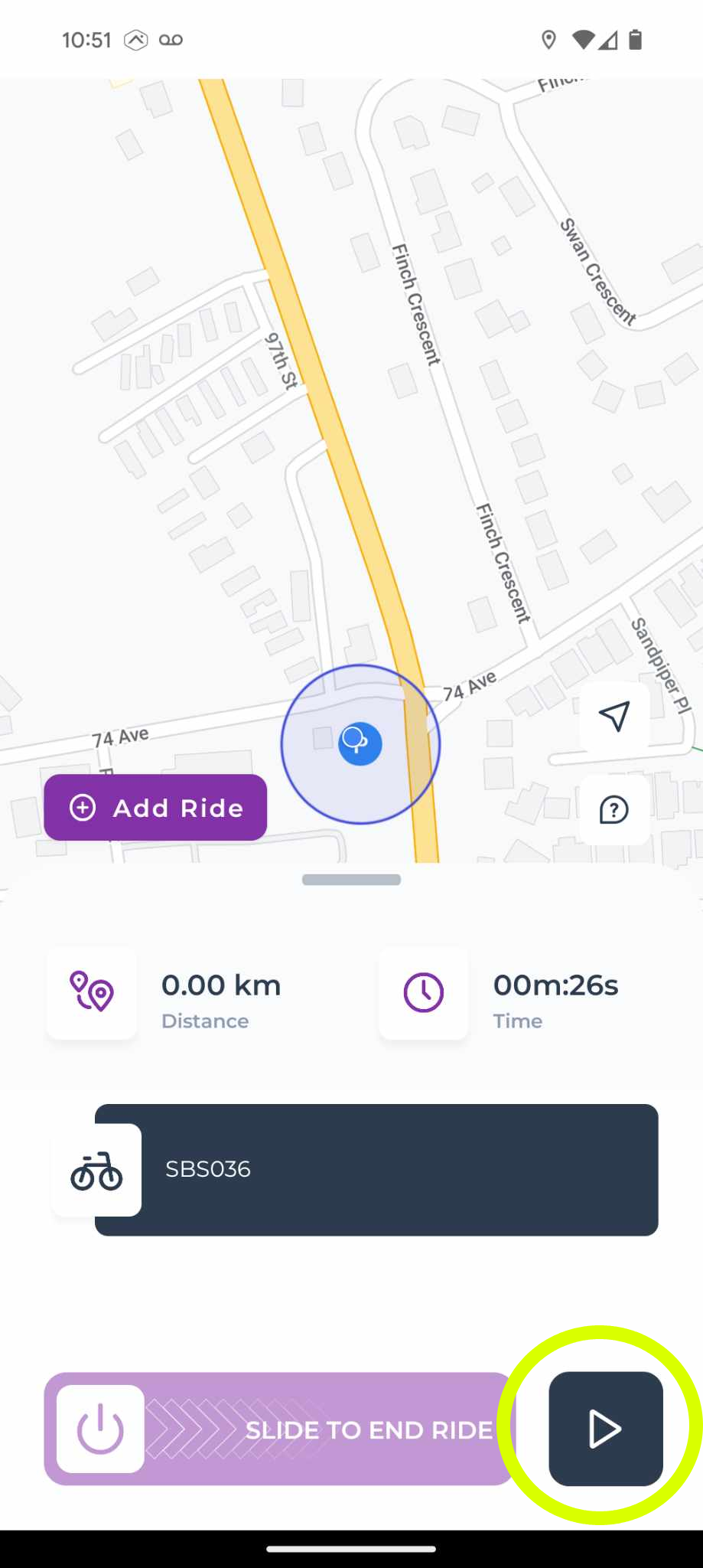 Screenshot of a mobile bike-sharing app showing map and ride details, with a 'slide to end ride' button.
