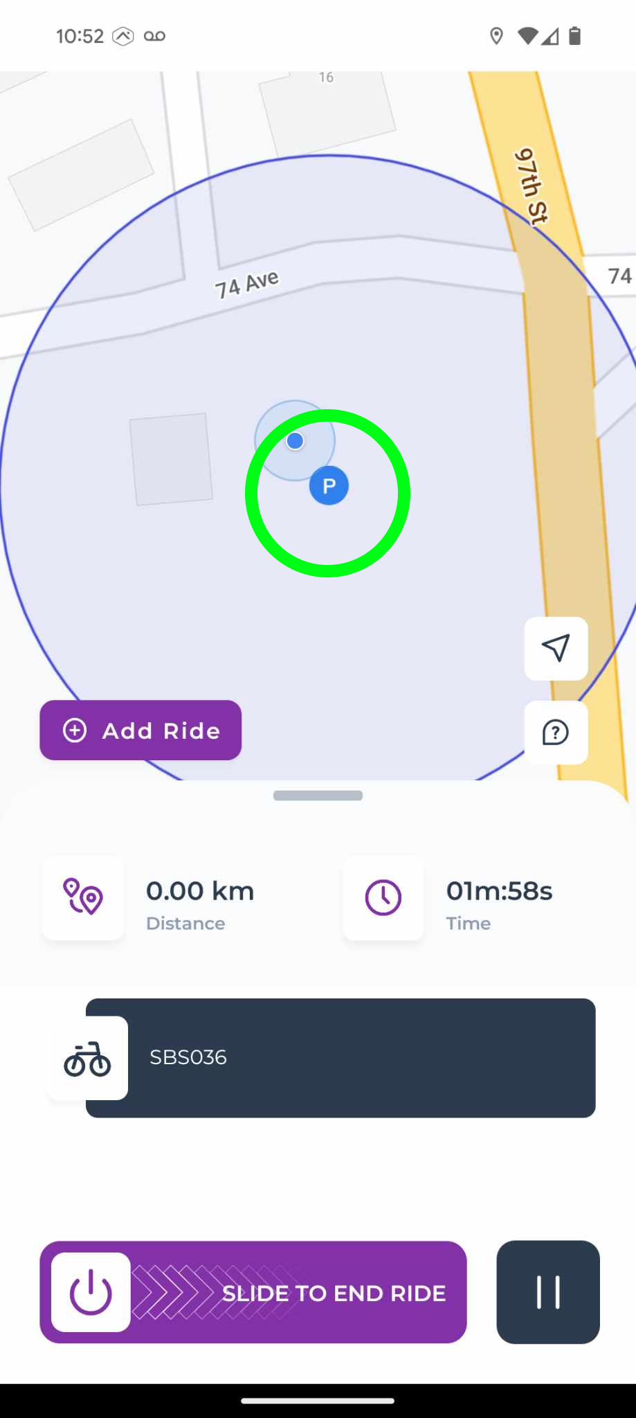 Mobile app screen showing a map with a bike icon and ride information, including distance of 0.00 km and time of 1 minute and 58 seconds.