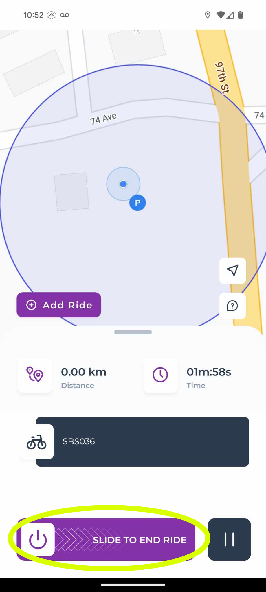 Screenshot of a bike-sharing app showing a map with a parked bike location, ride details, and a button to end the ride.