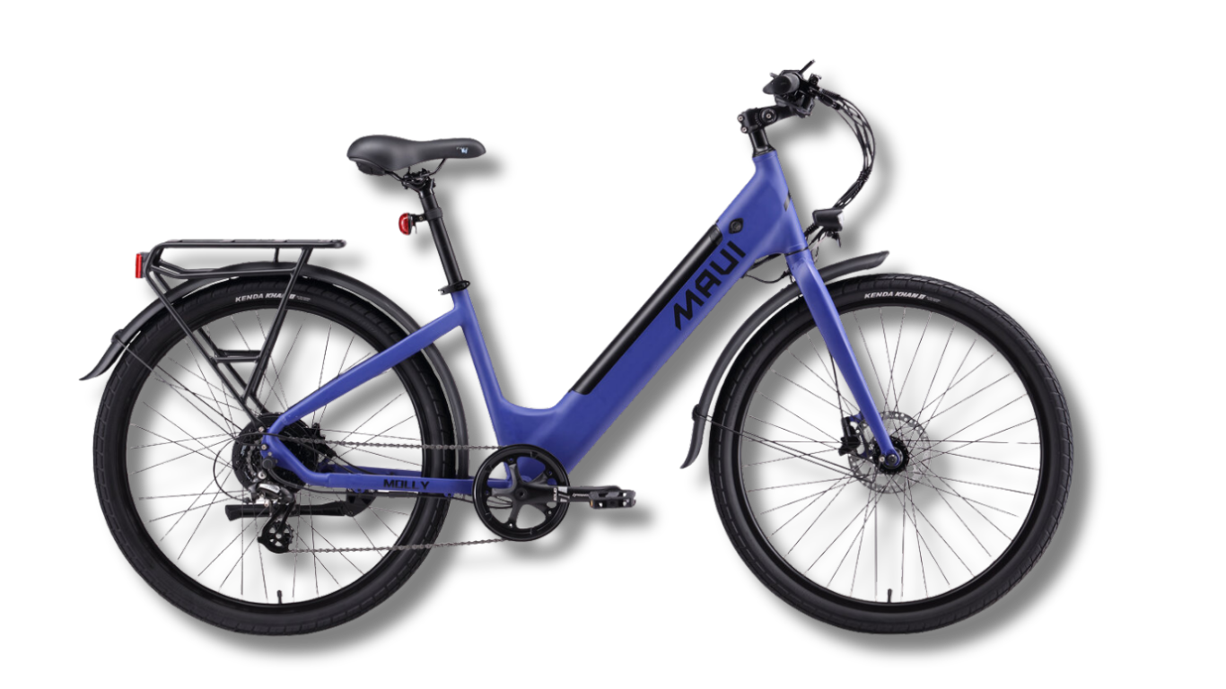 Blue electric bicycle with black tires and a rear rack, branded 'MAYU', against a black background.