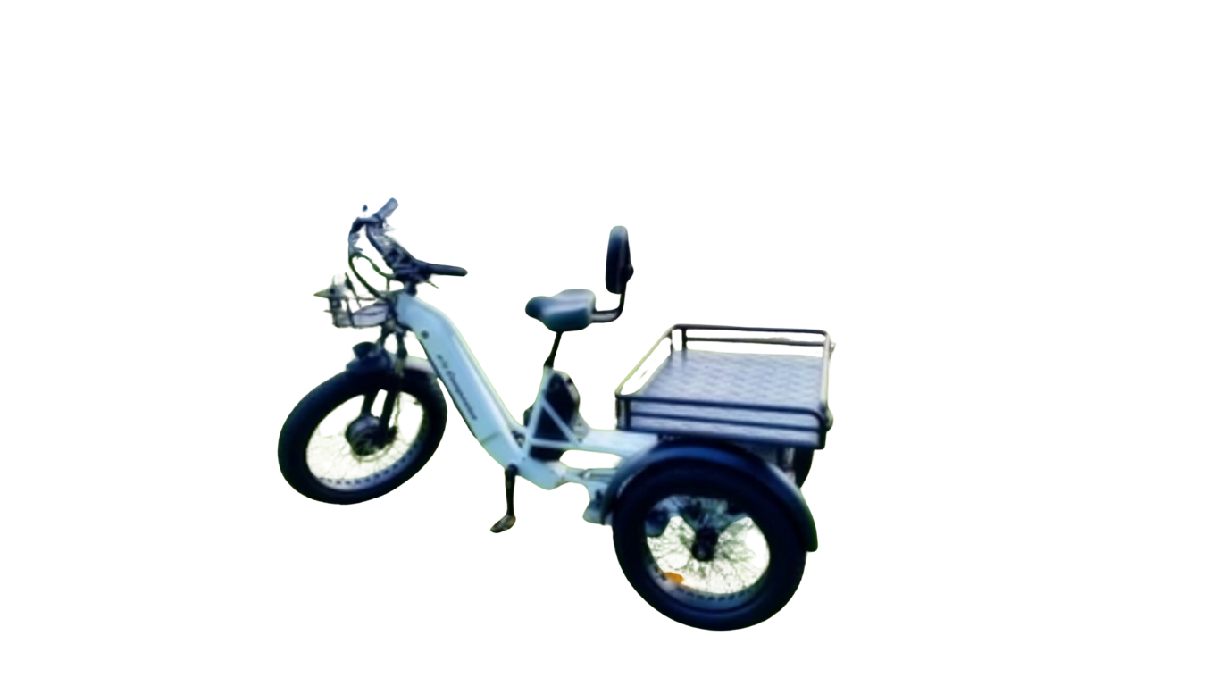 Electric bicycle with a cargo basket on the rear, white frame, front suspension, and black tires, isolated on a black background.