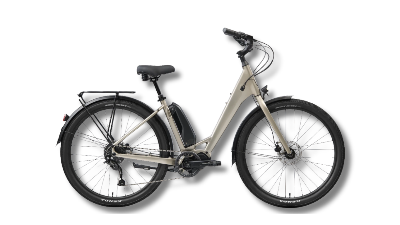 A beige electric bicycle with black tires and a battery pack. Text overlay reads "NORCO SCENE VLT" in white, curved around the bike.