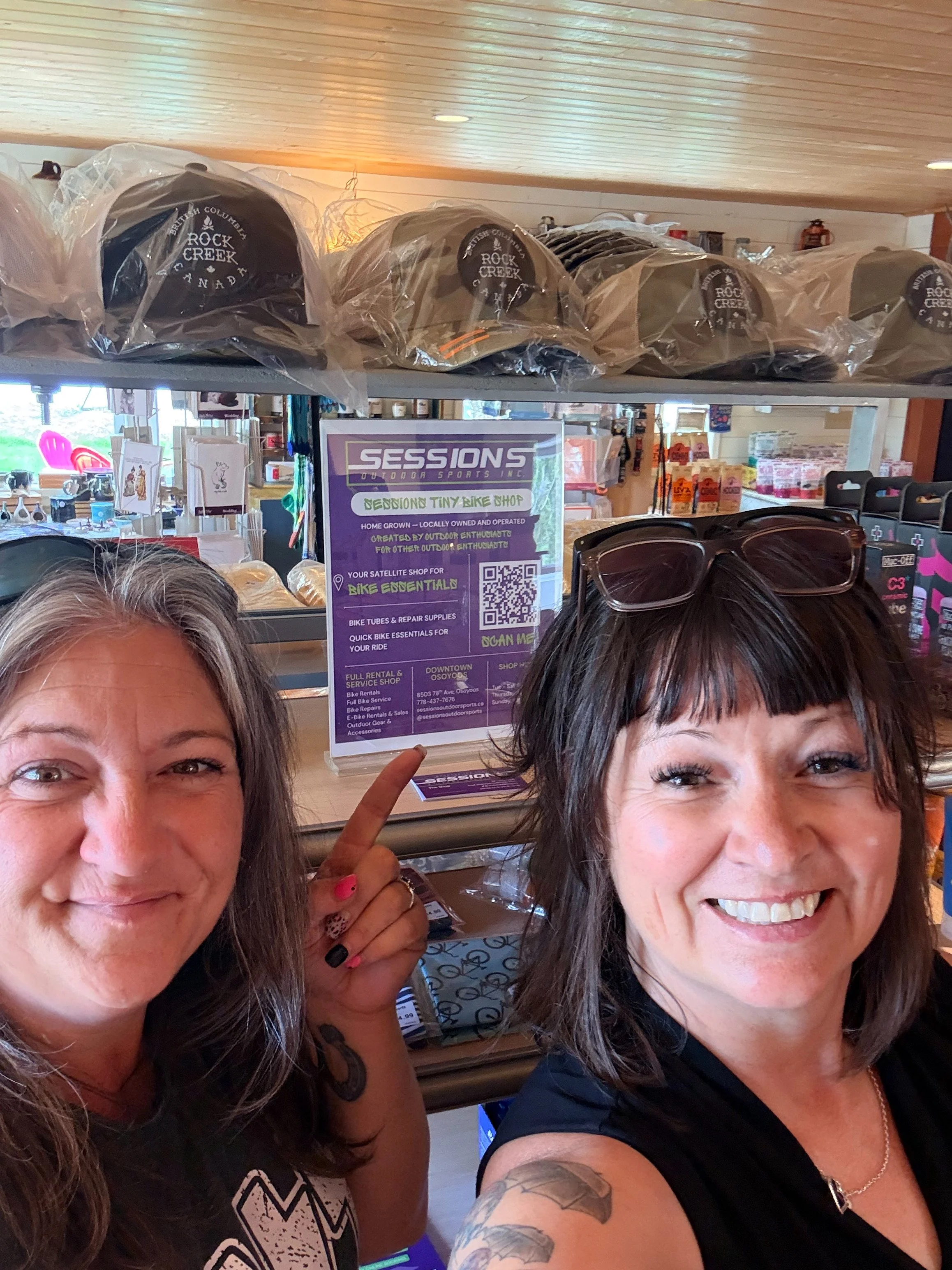 Sessions staff members at tiny bike shop location at Rags, Relics & Rutabagas in Rock Creek 