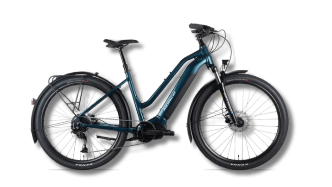 Blue full-suspension electric mountain bike with large black tires, disc brakes, and a sleek frame design.