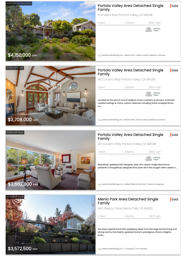 A list of four luxury single-family homes in Portola Valley and Menlo Park, California, with photos, prices, addresses, and details about each property. The listings include interior and exterior shots, prices ranging from $3,562,500 to $4,150,000, and descriptions of features and enhancements.