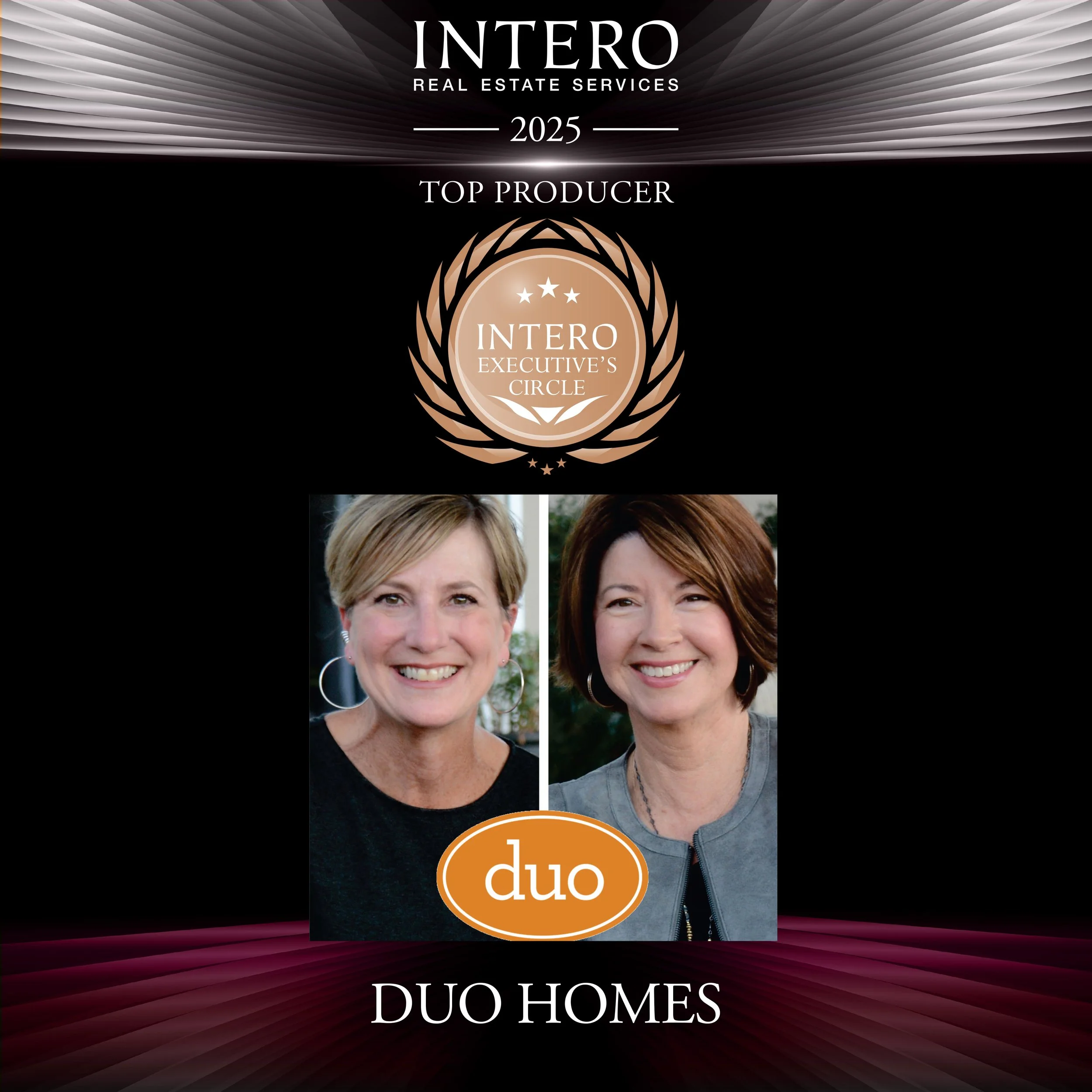 An award banner for Intero Real Estate Services in 2025, recognizing a top producer in the Intero Executive's Circle, featuring photos of two women.