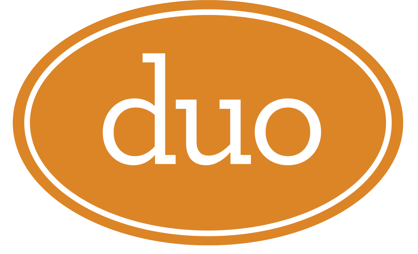 Orange oval logo with white outline and lowercase text "duo" in the center.