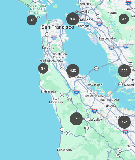Map of San Francisco Bay Area showing wildfire danger levels with numbered color-coded markers across different counties.