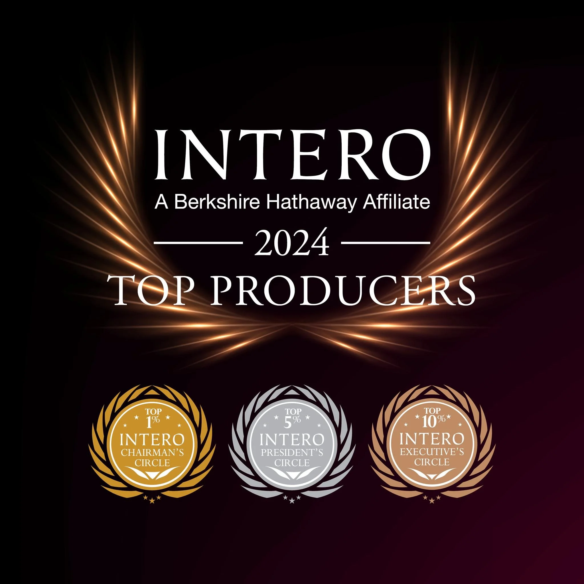 Recognition of top producers in INTERO for 2024, including Chairman's Circle, President's Circle, and Executive's Circle, with gold, silver, and bronze badges.