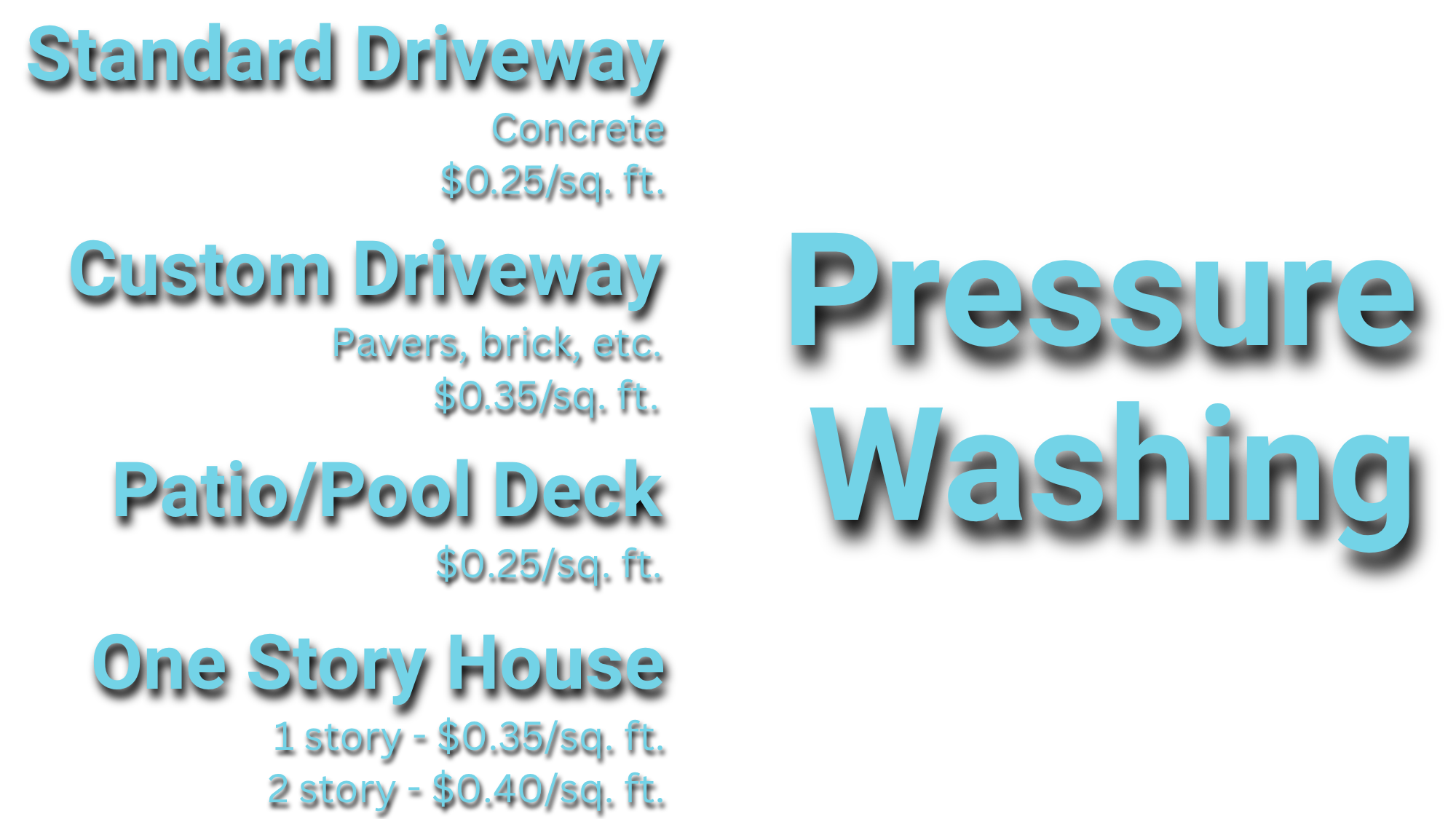 A black background infographic with light blue and smaller white text detailing pricing for different types of mobile auto detailing services, including pressure washing, custom driveway, standard driveway, patio/pool deck, and one-story house.