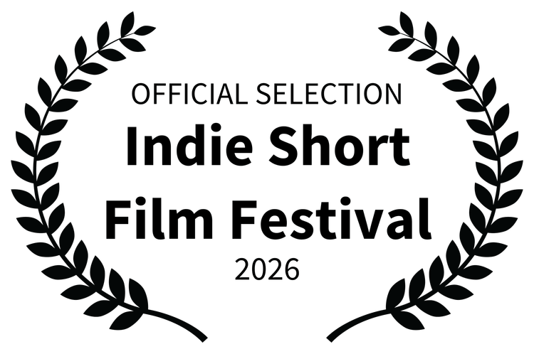 Black ribbon badge with laurel wreaths and the text 'Official Selection Indie Short Film Festival 2022' in dark font