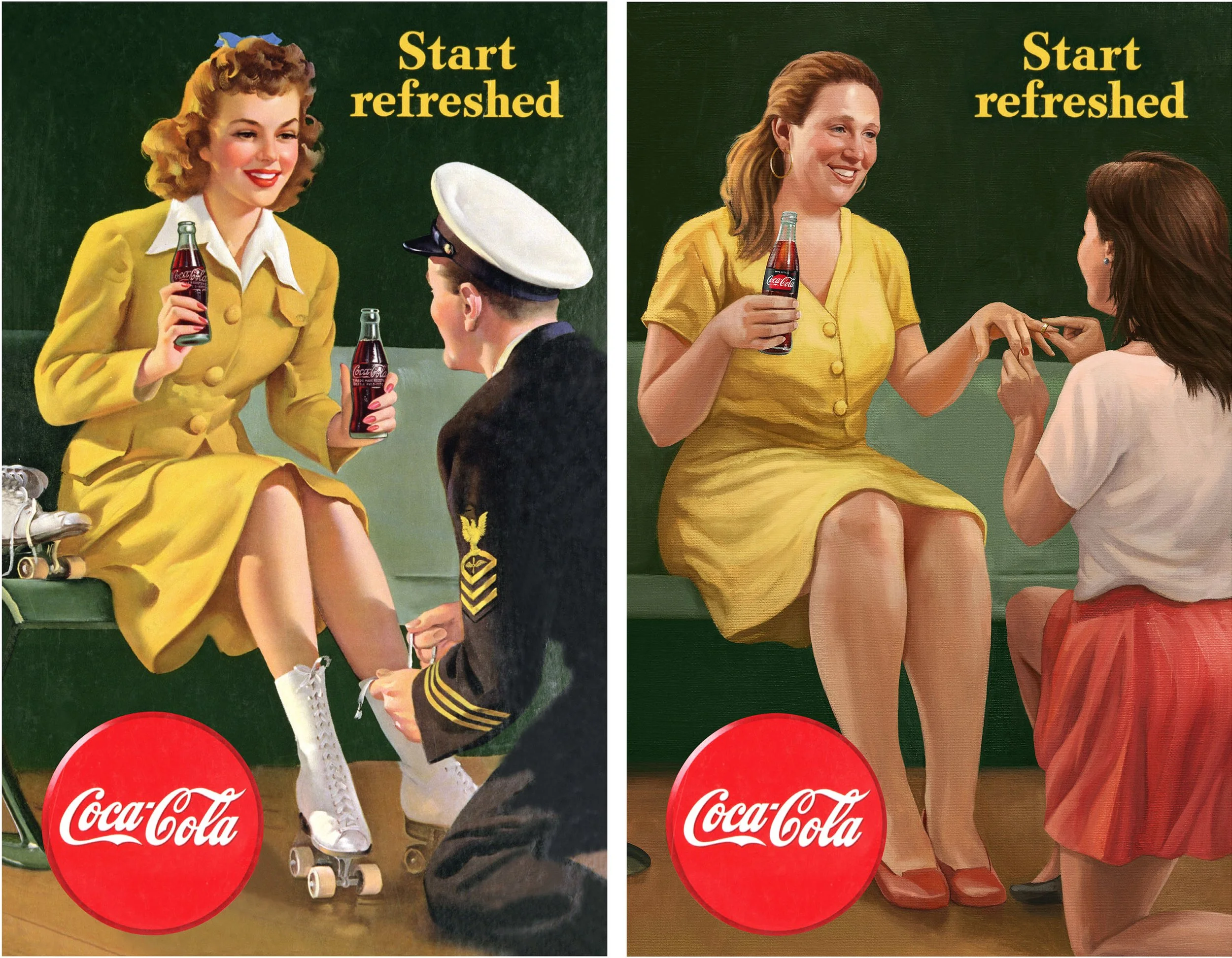 Two vintage Coca-Cola advertisements featuring women in yellow dresses, one sitting on a bench with a young man in a military uniform, receiving a ring, and the other woman with a girl in a pink skirt, exchanging rings. Both images have a green chalk