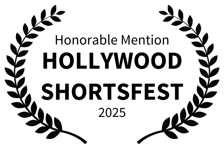Black circular logo for Hollywood Shorts 2016, featuring wreaths on sides and centered text.