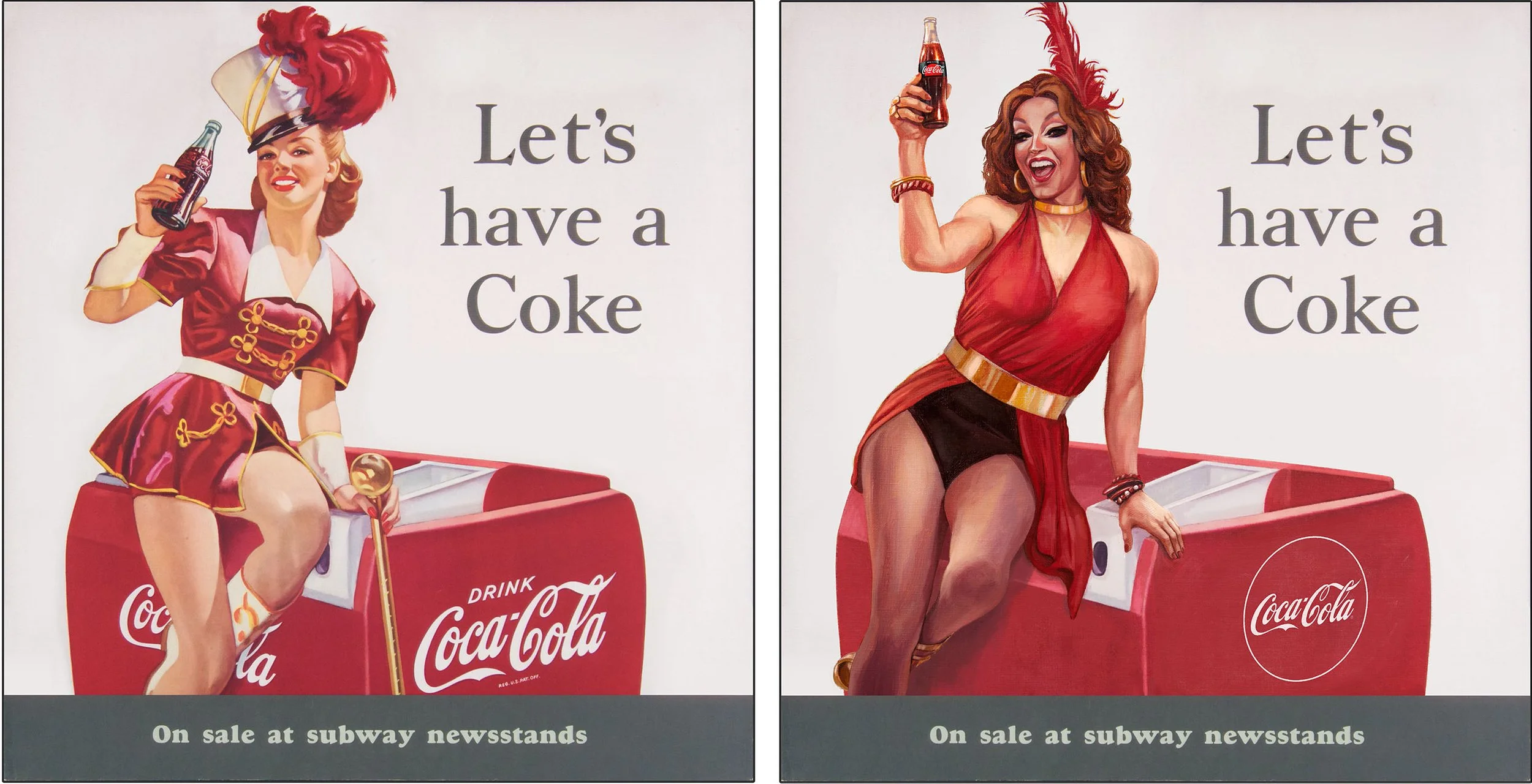 Vintage Coca-Cola advertisement featuring two women in colorful outfits, each holding a Coca-Cola bottle, with the slogan 'Let's have a Coke' and a red Coca-Cola cooler. Text at the bottom reads 'On sale at subway newsstands.'
