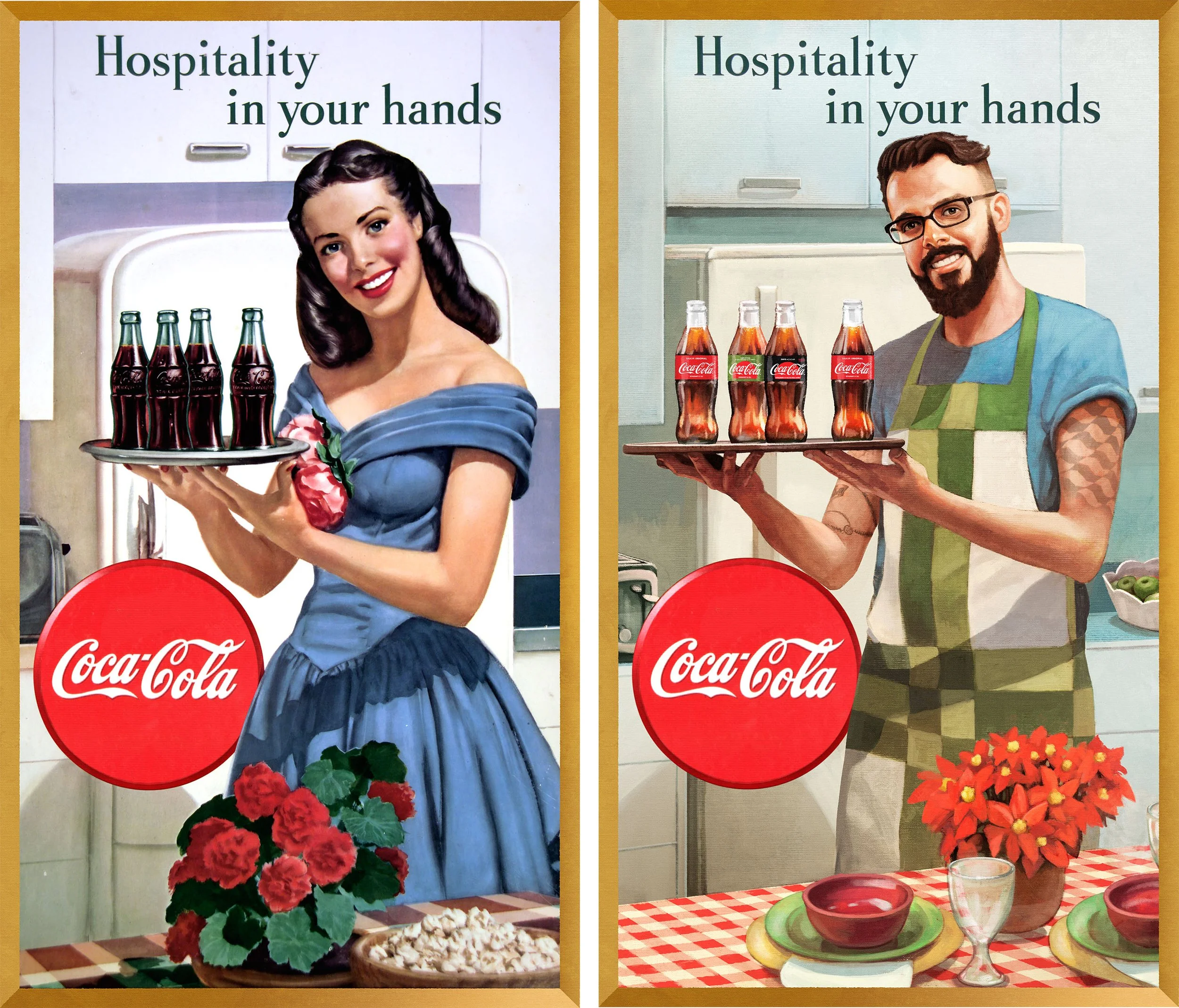 Two vintage-style posters side by side with Coca-Cola branding. The left poster features a smiling woman in a blue dress holding a tray of Coca-Cola bottles, and the right poster features a smiling man with a beard and glasses, wearing a blue shirt a