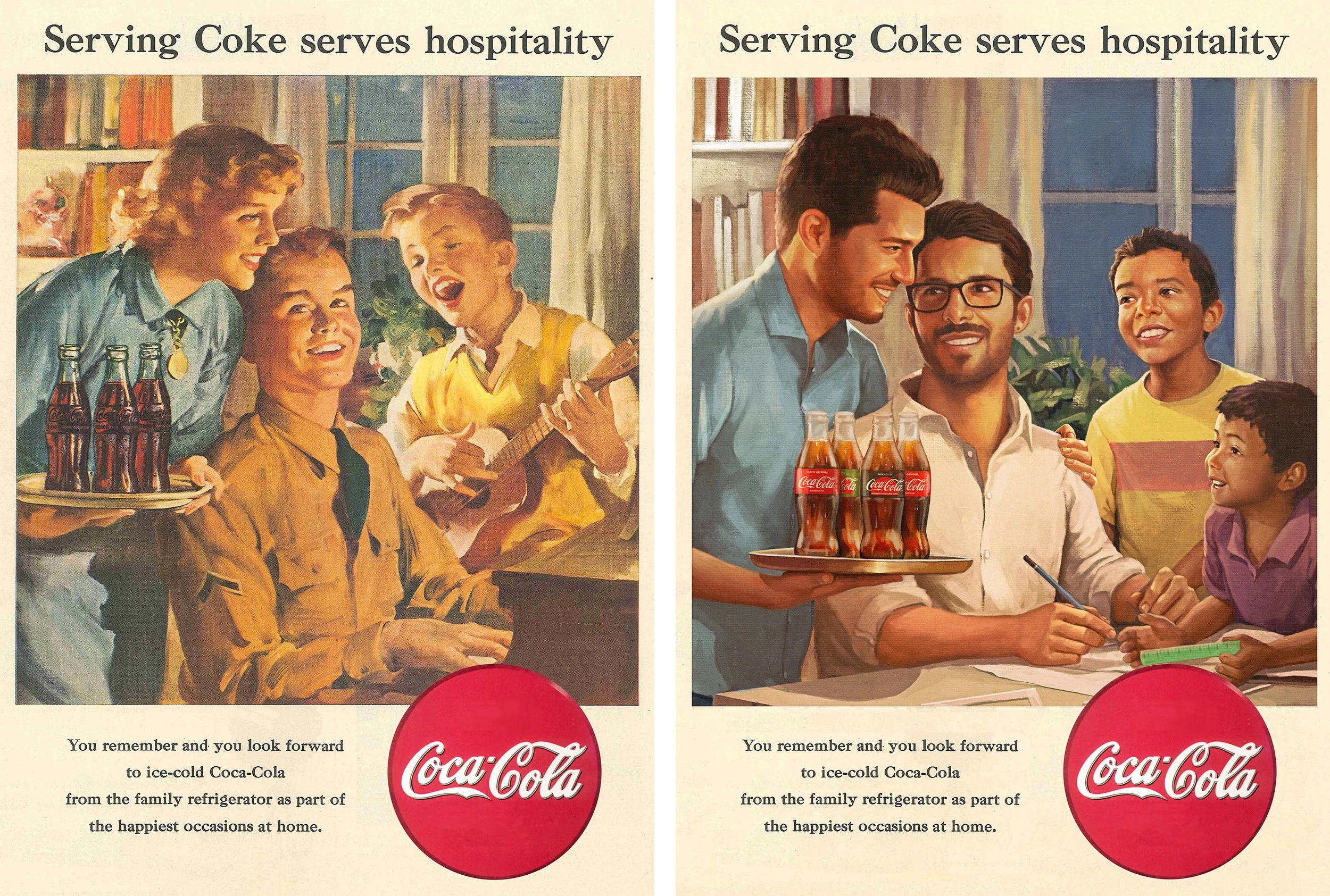 Side-by-side vintage Coca-Cola advertisements. The left shows a 1950s scene with a family at home, a woman serving Coca-Cola bottles, and children singing and playing guitar. The right depicts a modern scene with a man serving Coca-Cola bottles to a 