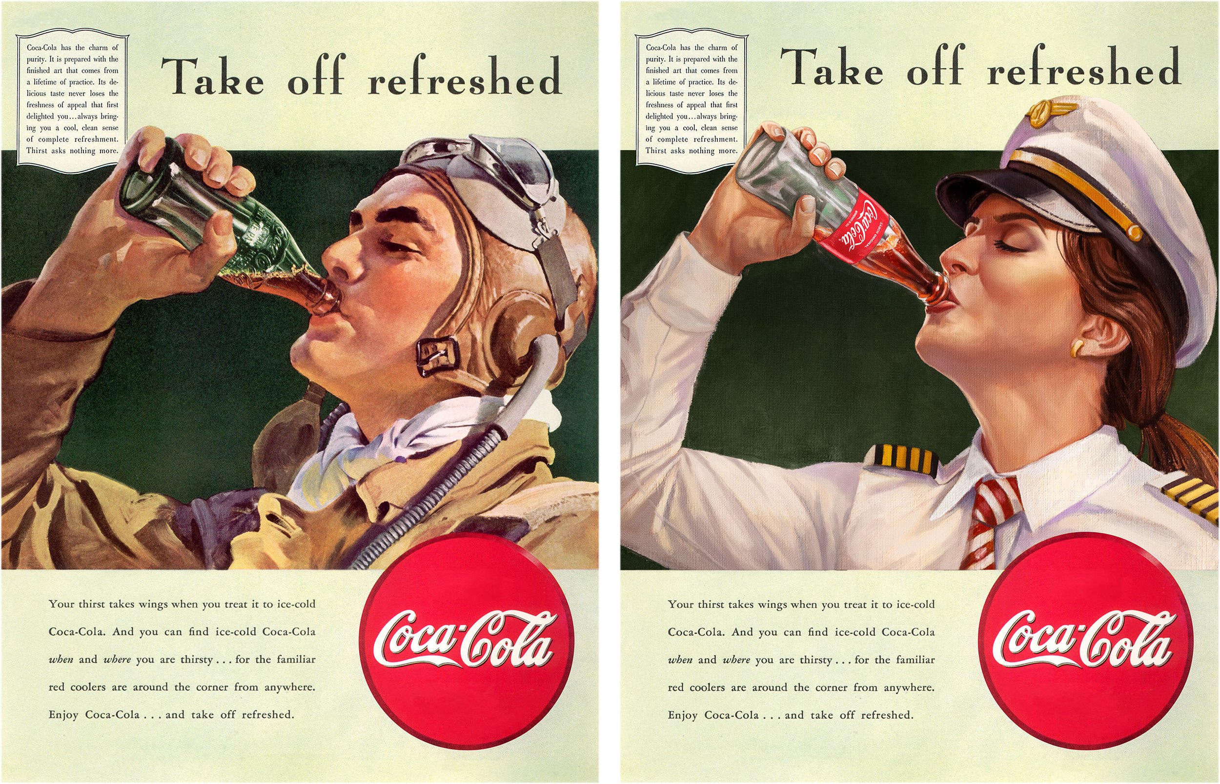Vintage Coca-Cola advertisement features a female pilot on the right drinking Coca-Cola and a male pilot on the left drinking Coca-Cola, both wearing aviation gear and uniforms.
