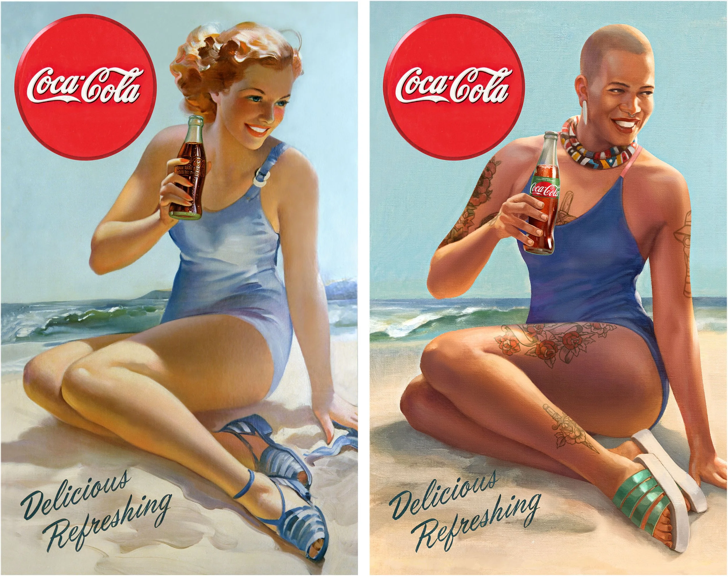 Side-by-side paintings of women at the beach holding Coca-Cola bottles. The woman on the left has blonde hair, wearing a light blue dress and matching sandals, sitting on the sand with her legs bent. The woman on the right has a shaved head, tattoos,