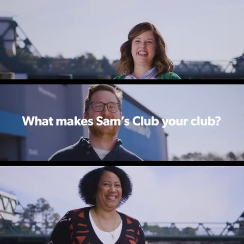 Three people smiling outdoors with signs asking about Sam's Club features.