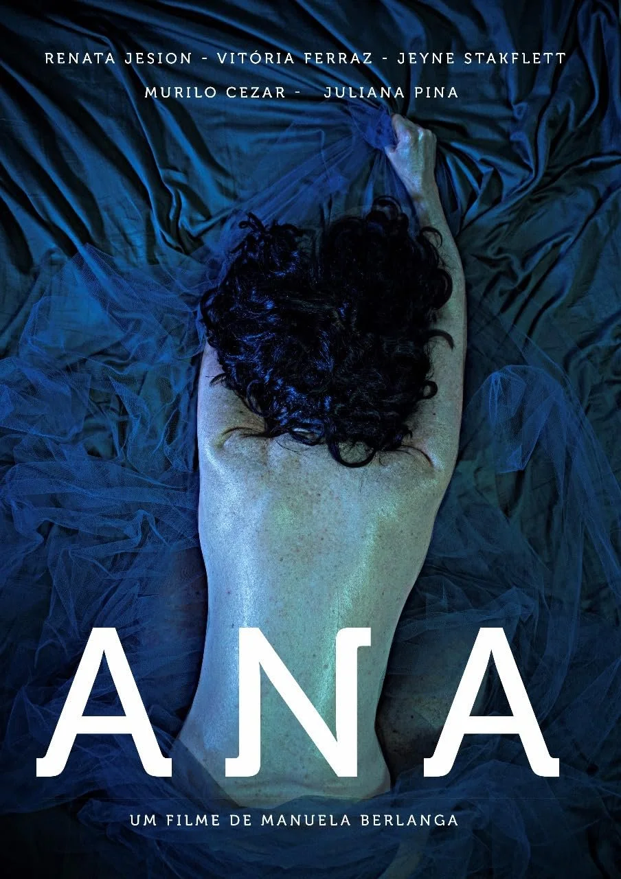 Poster of the film 'ANA' showing a topless woman with curly black hair lying on a dark, silky surface, with her back to the camera and her right arm extended above her head. The film features multiple actors' names written across the top.