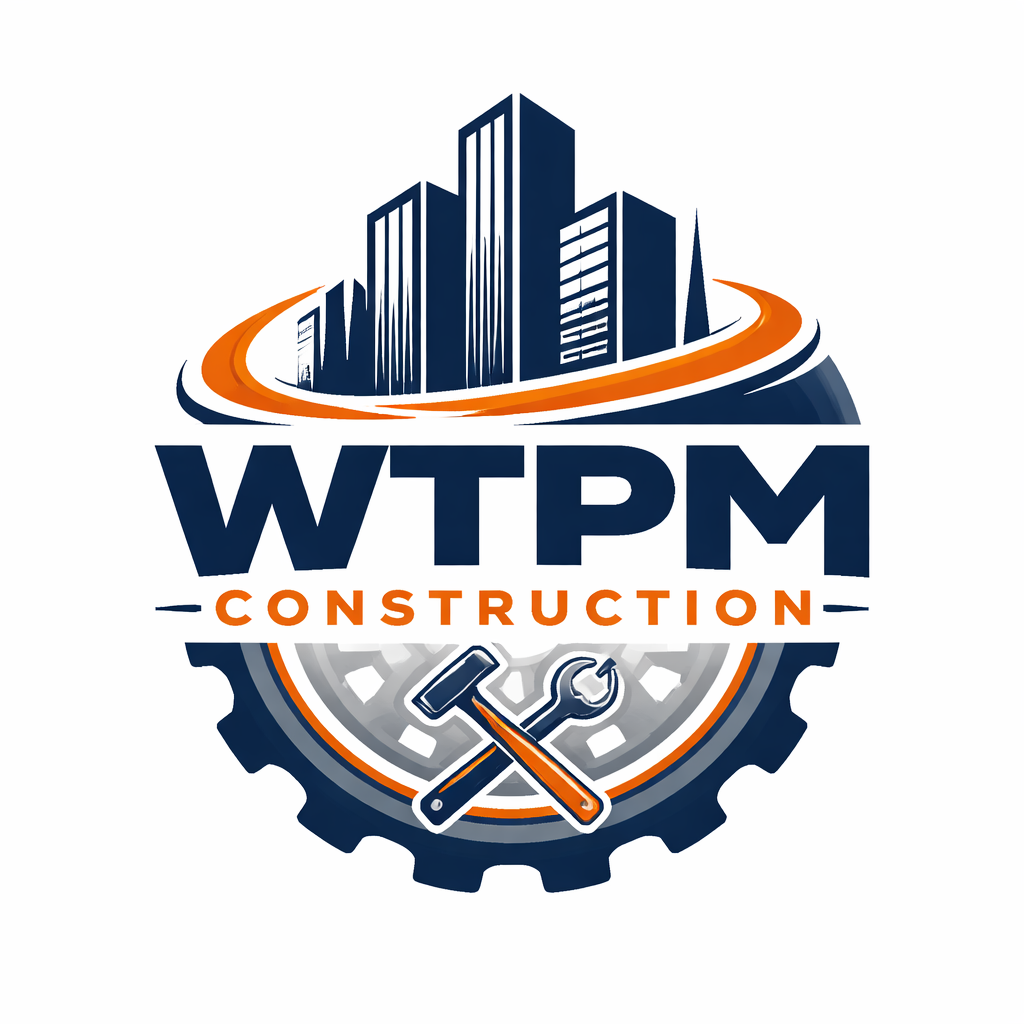 Logo for WTPM Construction featuring a skyscraper cityscape, a gear, and tools, with the company name in bold letters.