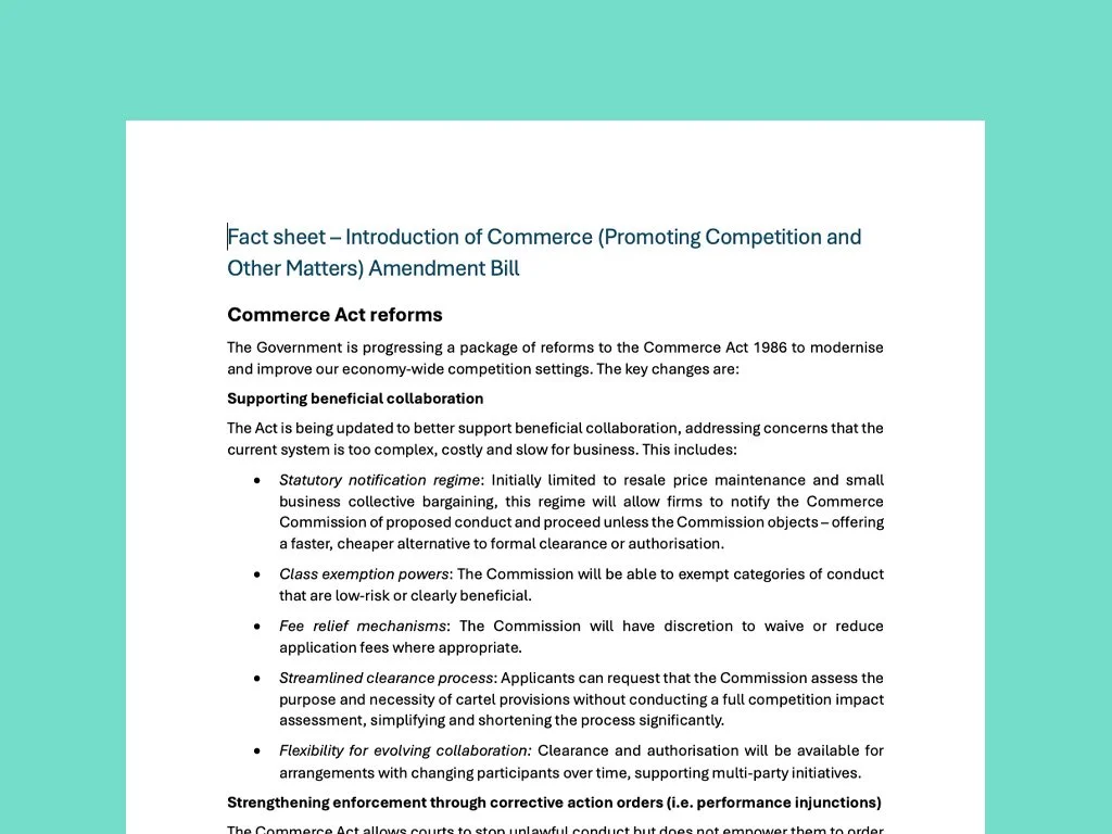 New Zealand Government Fact Sheet on Commerce Act Amendment Bill