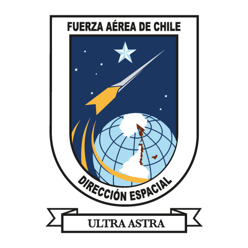 Escudo de la Fuerza Aérea de Chile con un cohete, estrellas y el globo terráqueo, con la leyenda 'Ultra Astra' en una banda en la parte inferior.