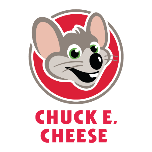 Logotipo de un ratón de caricatura con fondo rojo y texto que dice 'Chuck E. Cheese'.