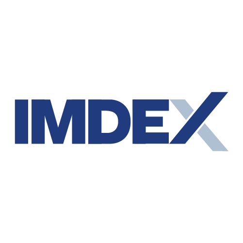 Logotipo de IMDEX con letras en azul y gris en fondo negro.