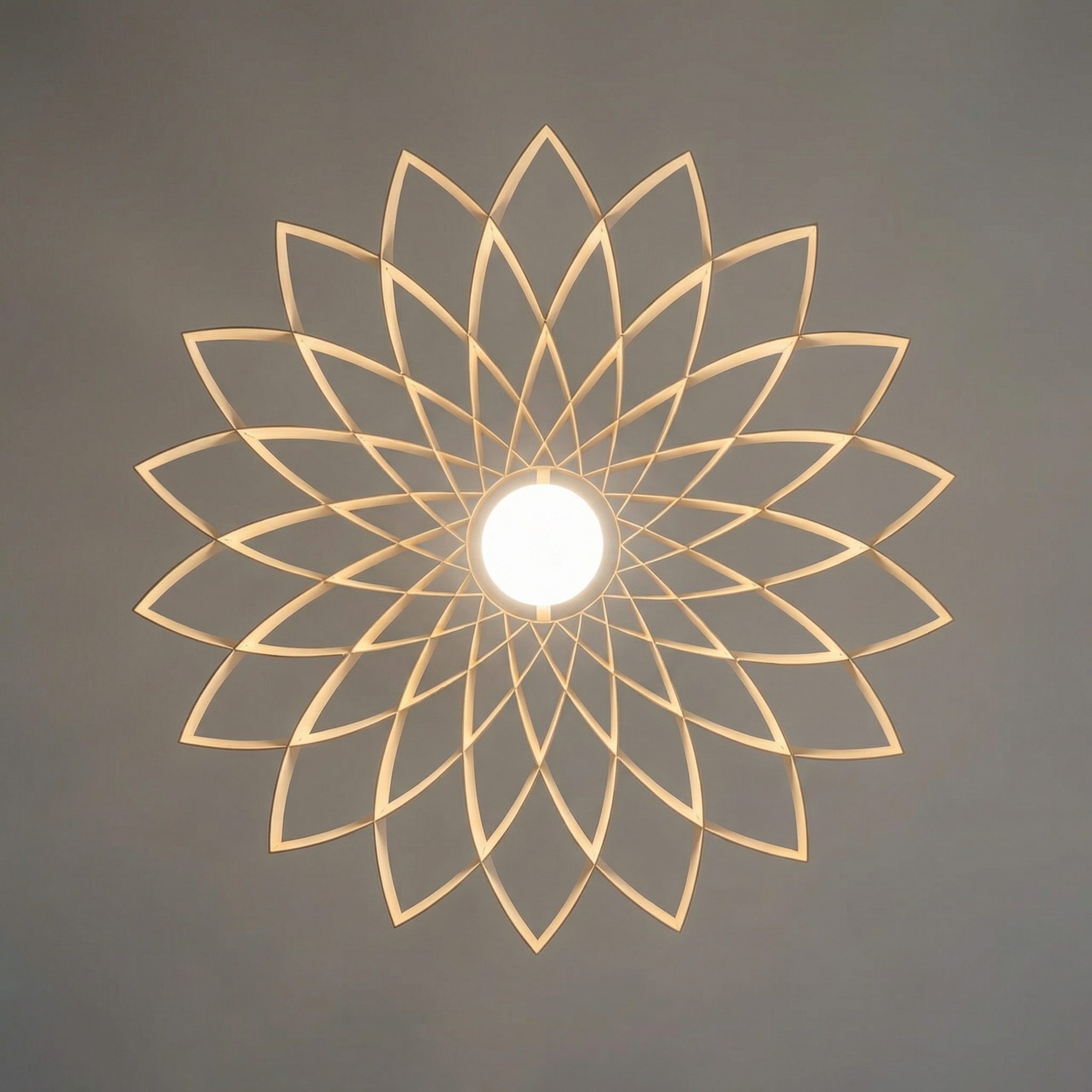 Lámpara de techo con diseño geométrico en forma de flor, con múltiples arcos y línea central que rodea una luz blanca
