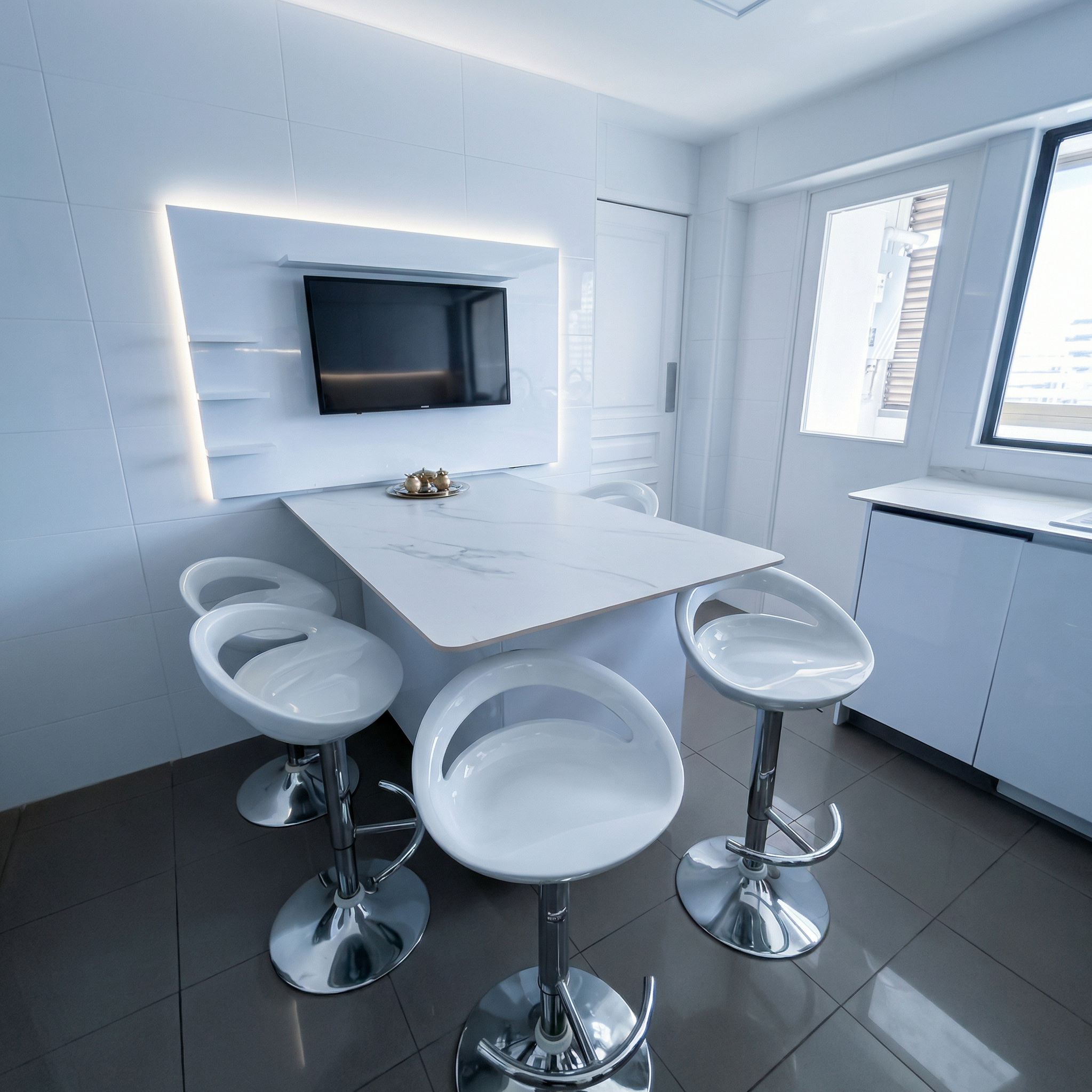 Cocina moderna y blanca con mesa de mármol y sillas de bar de diseño futurista, ventiladores de pared y ventanas grandes que permiten entrada de luz natural.