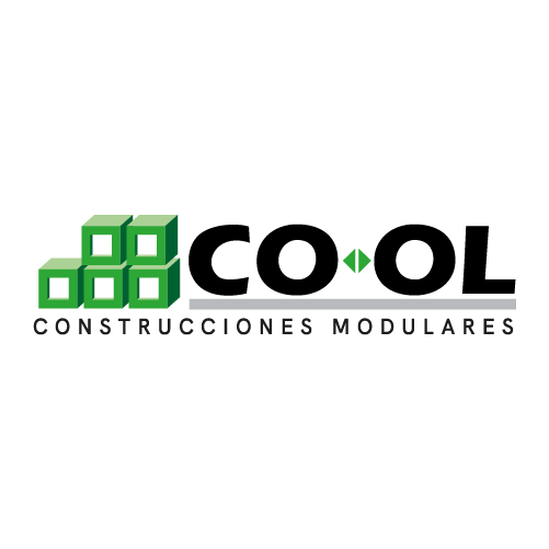 Logotipo de construcciones modulares con bloques verdes y texto en español