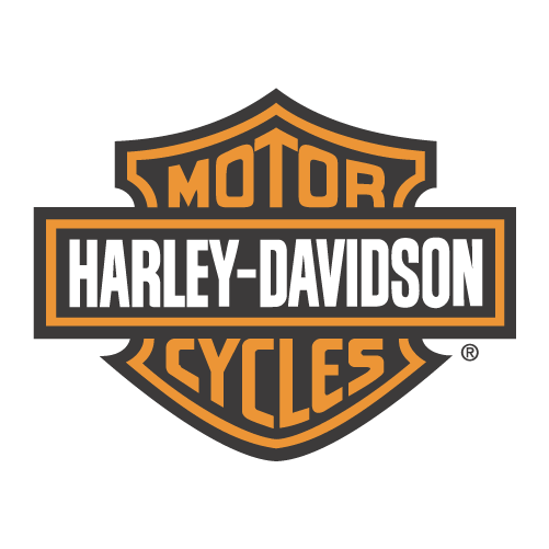 Logotipo de Harley-Davidson, con palabras 'Motor' y 'Cycles' en un escudo de color negro, anaranjado y blanco.