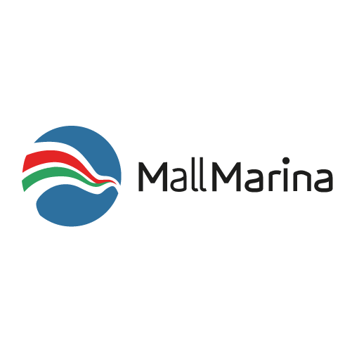 Logotipo de Mall Marina con una figura circular y olas en colores azul, rojo y verde, y texto 'Mall Marina' a la derecha.