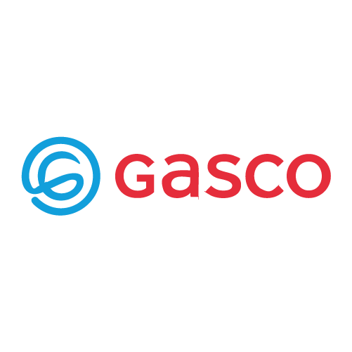 Logotipo de Gasco con símbolo azul y letra roja.