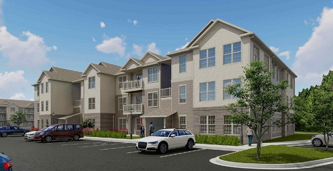 A modern multi-story apartment complex with parking lot and trees.