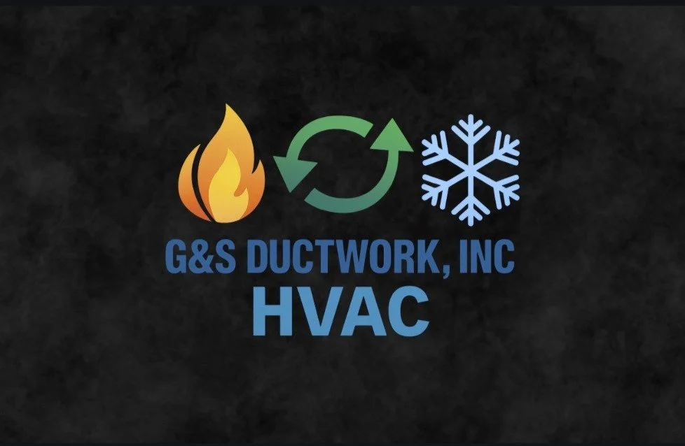 Logo for G&S Ductwork, Inc. HVAC company featuring icons of fire, recycling, and snowflake