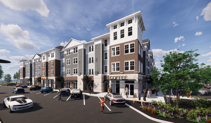 A modern multi-story residential building with retail spaces on the ground floor, including a coffee shop. The parking lot in front has several parked cars and people walking, with a landscaped area and a tree to the right. The sky is partly cloudy.