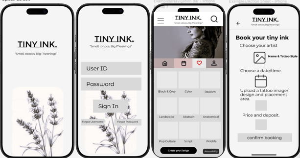four mobile app screens, with login, forgot username and password, screen with different types of tattoo ideas, and a woman with arm tattoos, a booking screen to make an appt, choose and artist and pay deposit