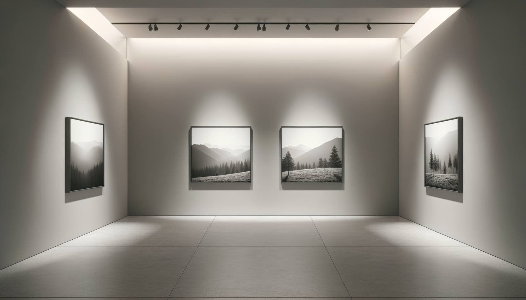 An art gallery with three black-and-white landscape photographs of mountains, trees, and hills on white walls, lit by overhead spotlights.