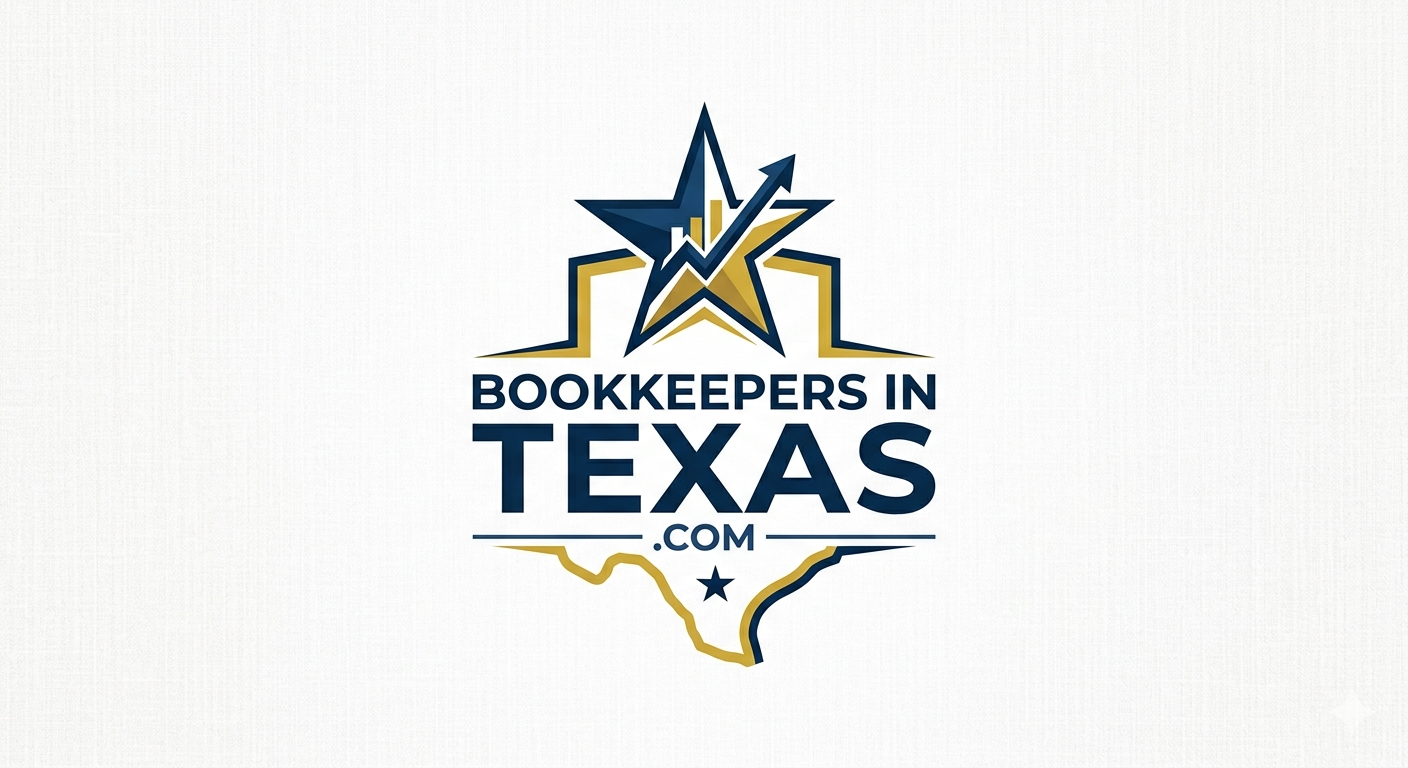 Logo for Bookkeepers in Texas featuring a star with upward trending arrow and bar graph, with the Texas state outline and website URL