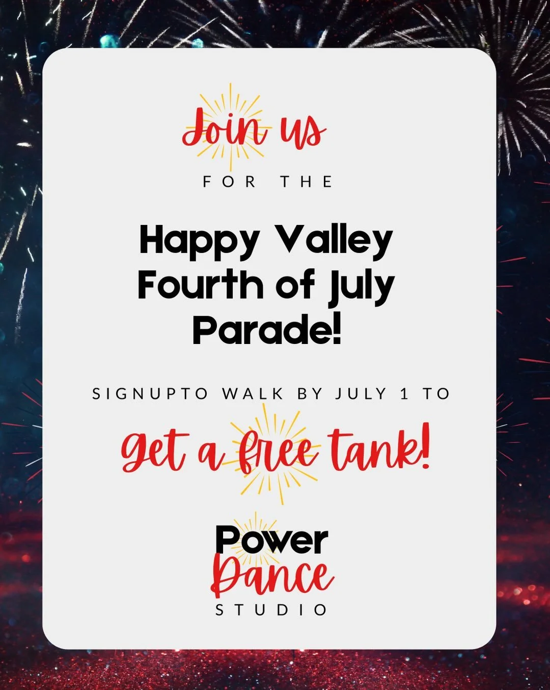 Be a part of the Happy Valley Fourth of July Parade with Power Dance! ❤️🤍💙

Join us in the Happy Valley 4th of July Parade and our amazing community on Saturday July 4th 🙌

Sign-Up for FREE (see link in our bio) by July 1 and get a FREE Power tank