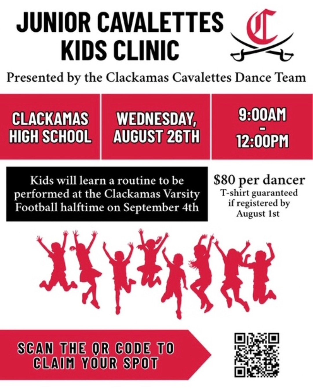 Our friends at Clackamas High School are hosting a dance clinic! ❤️ 

Click the link in our bio for more information about the Clackamas Junior 
Cavalettes Kids Clinic happening in August! @clackdance 🪩