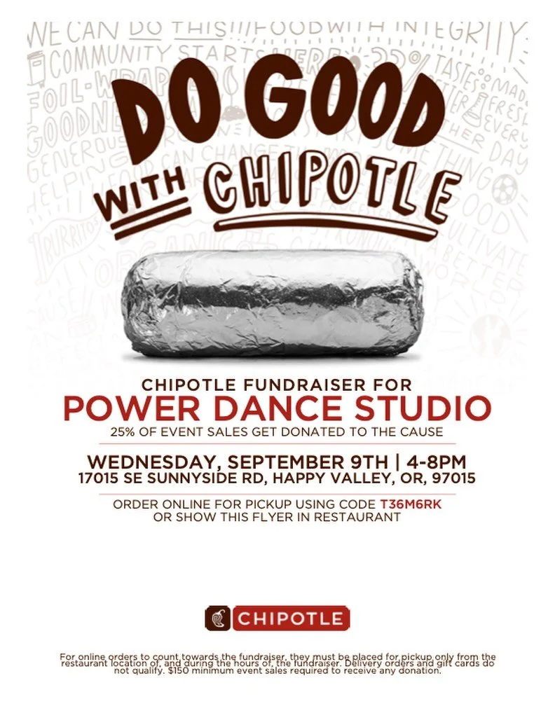 Happy Back-to-School week! Save the cooking tomorrow for another night 😉 and make a date to eat @chipotle tomorrow, Wednesday, Sept 9, 4-8pm and support our Power Dance Company Team Fundraiser! 

📍 Make sure you go to the Happy Valley location (by 