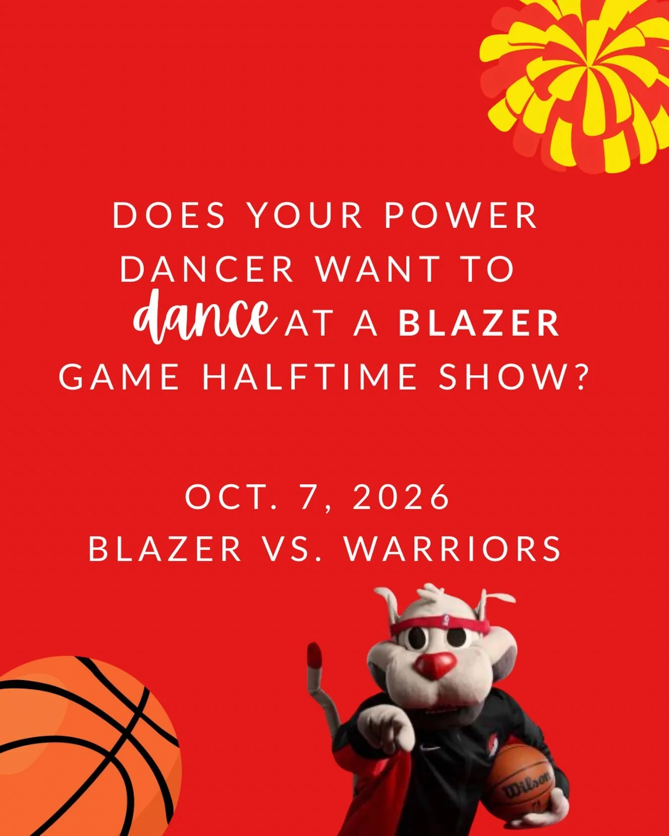 🏀❤️💛 Exciting opportunity Power Dancers! 

Do you want to dance during a Blazer halftime show next month? Power dancers have the opportunity to take the court and perform at HALFTIME at the Blazers game! 🤩

🏀 WHO: Any Power dancer! 
📅 WHEN: Octo